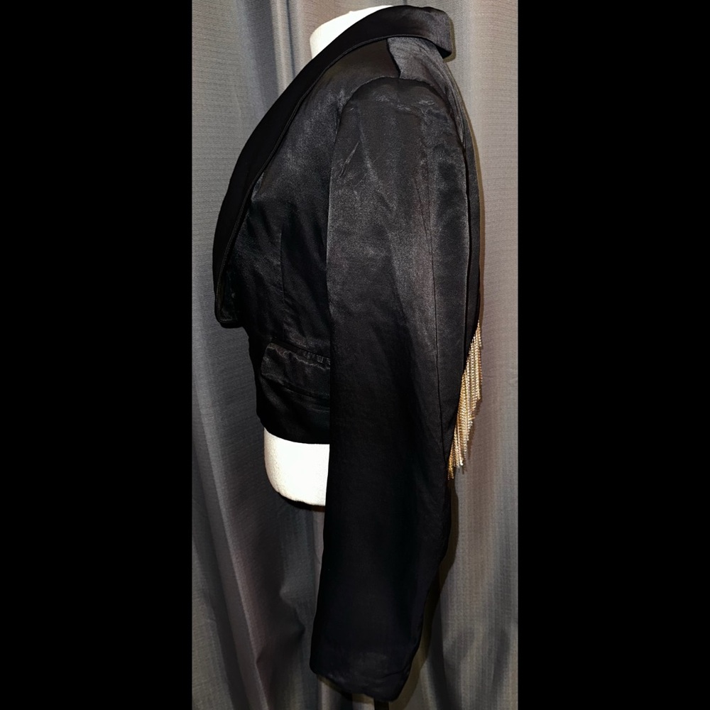 Free People ‘Deena’ Cropped Blazer Rhinestone Fringe Black Satin Blazer M EUC - Picture 4 of 10